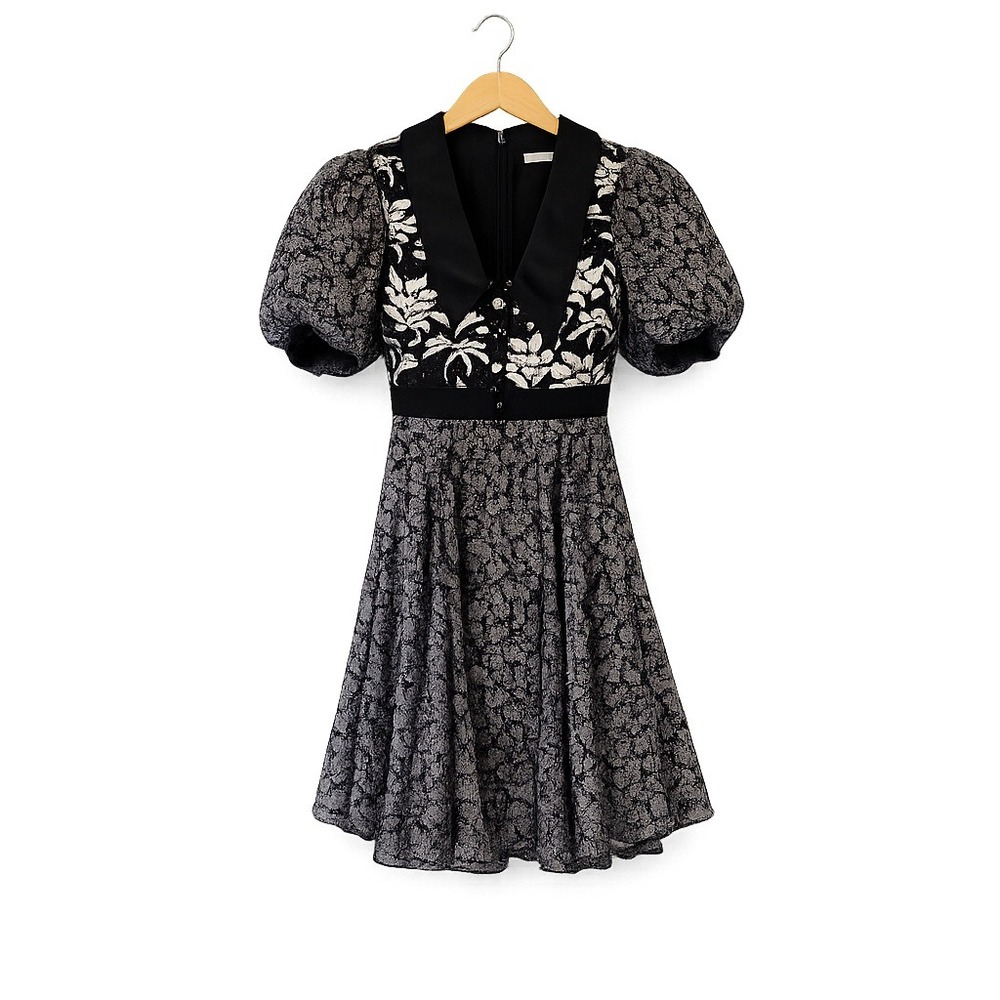 Anthropologie Floral Lace Puff Sleeve Mini Dress Women XS Black White - Picture 2 of 4